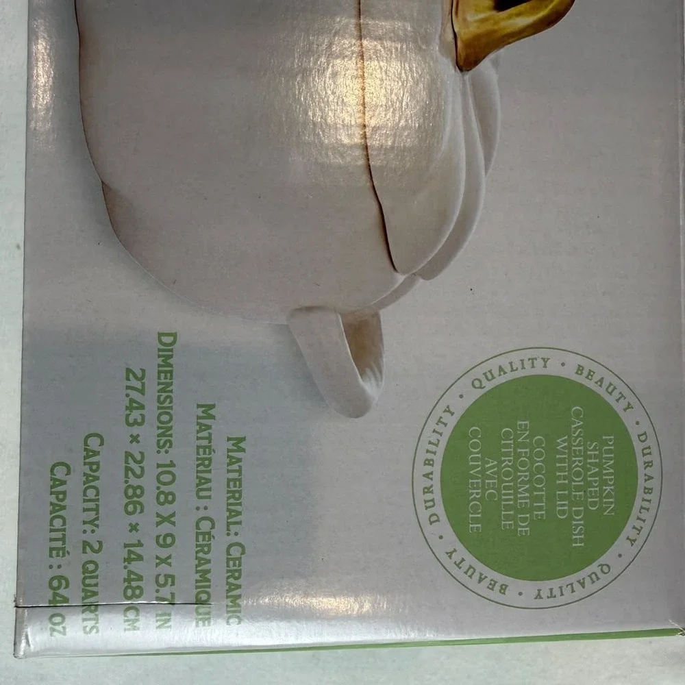 Pfaltzgraff Cream Ceramic Pumpkin Cocotte 2Qt Dutch Oven Gold Stem Thanksgiving